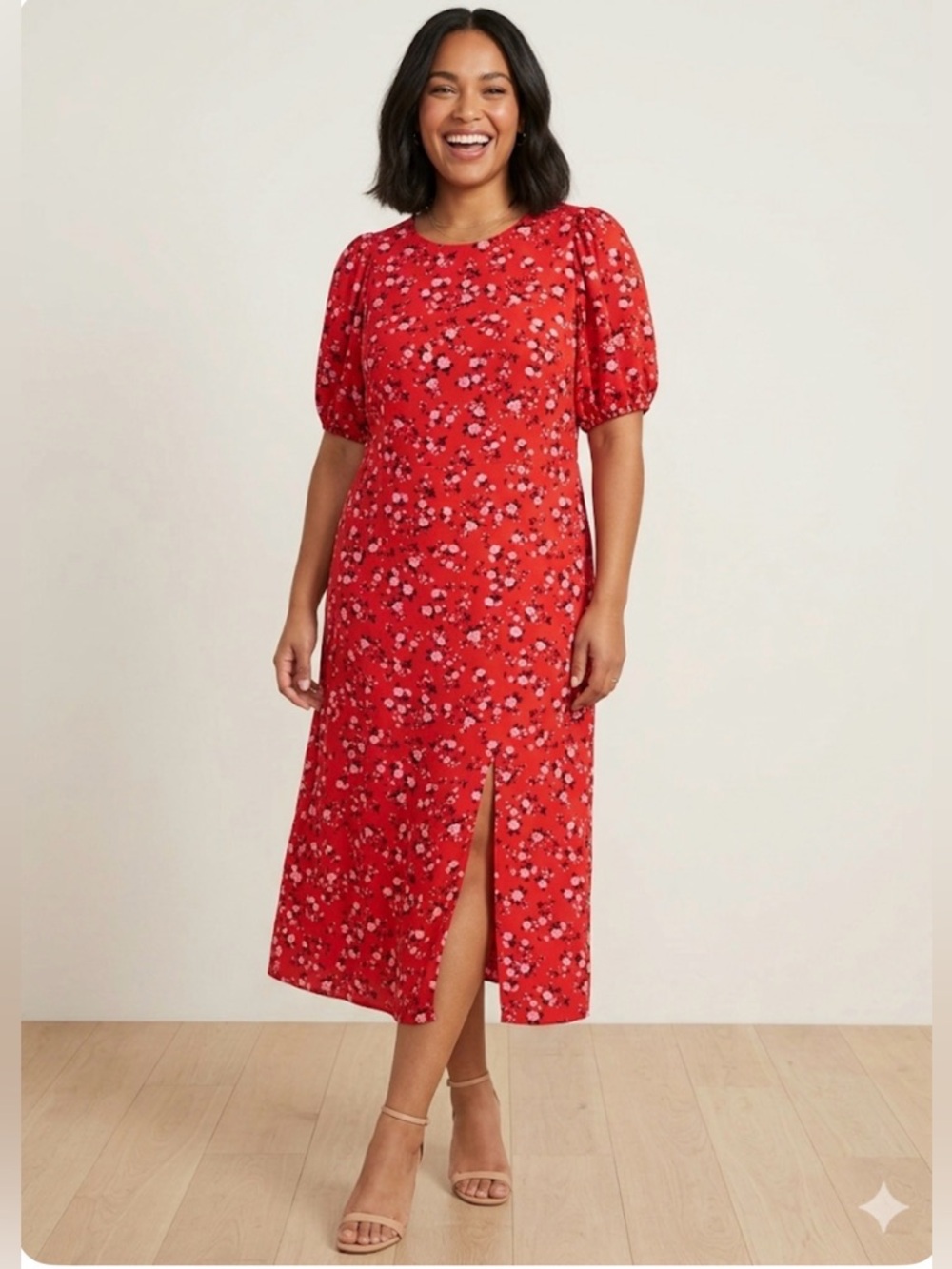 Old Navy Red Floral Midi Dress with Puff Sleeves